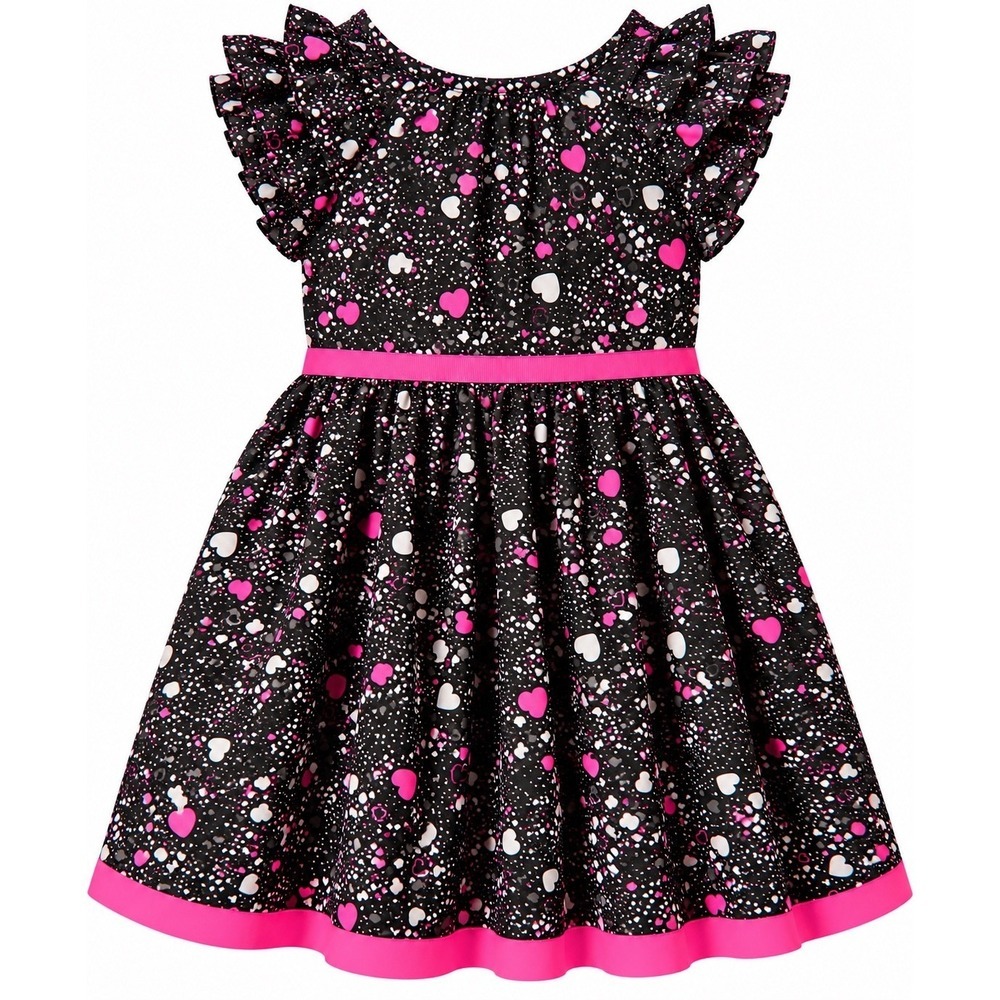 Circo Heart Print Dress Girls 5T Black Pink Good Flutter Sleeve A-Line